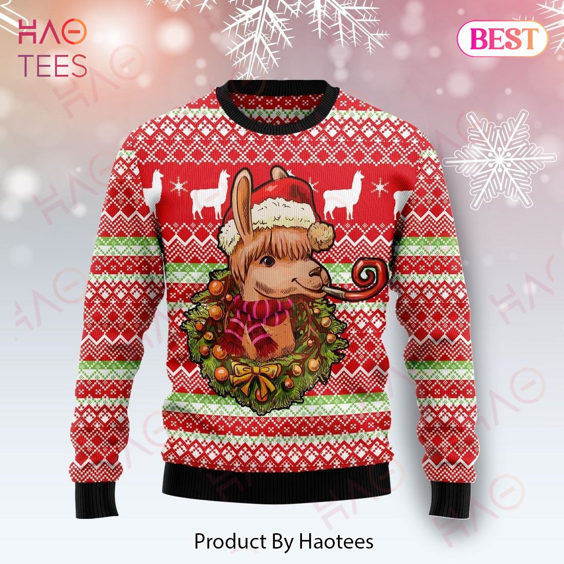 Llama Christmas Ugly Sweater Llama Wears Christmas Hat Wreath Red Sweater 2022 Llama Christmas Ugly Sweater Llama Wears Christmas Hat Wreath Red Sweater 2022