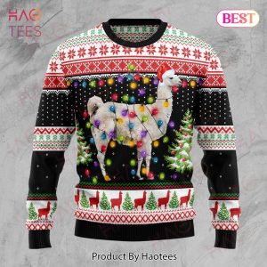 Llama Christmas Ugly Sweater Llama With Christmas Light Bulds Black White Red Sweater 2022