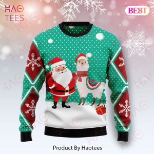Llama Christmas Ugly Sweater Santa Claus And Llama Snowflakes Green Red Sweater 2022