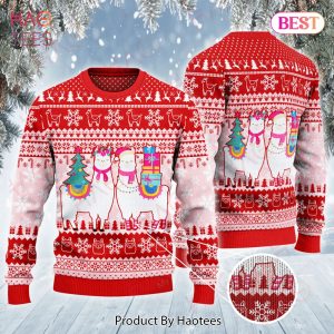 Llama Christmas Ugly Sweater Two Llama With Christmas Tree And Presents Red White Sweater 2022