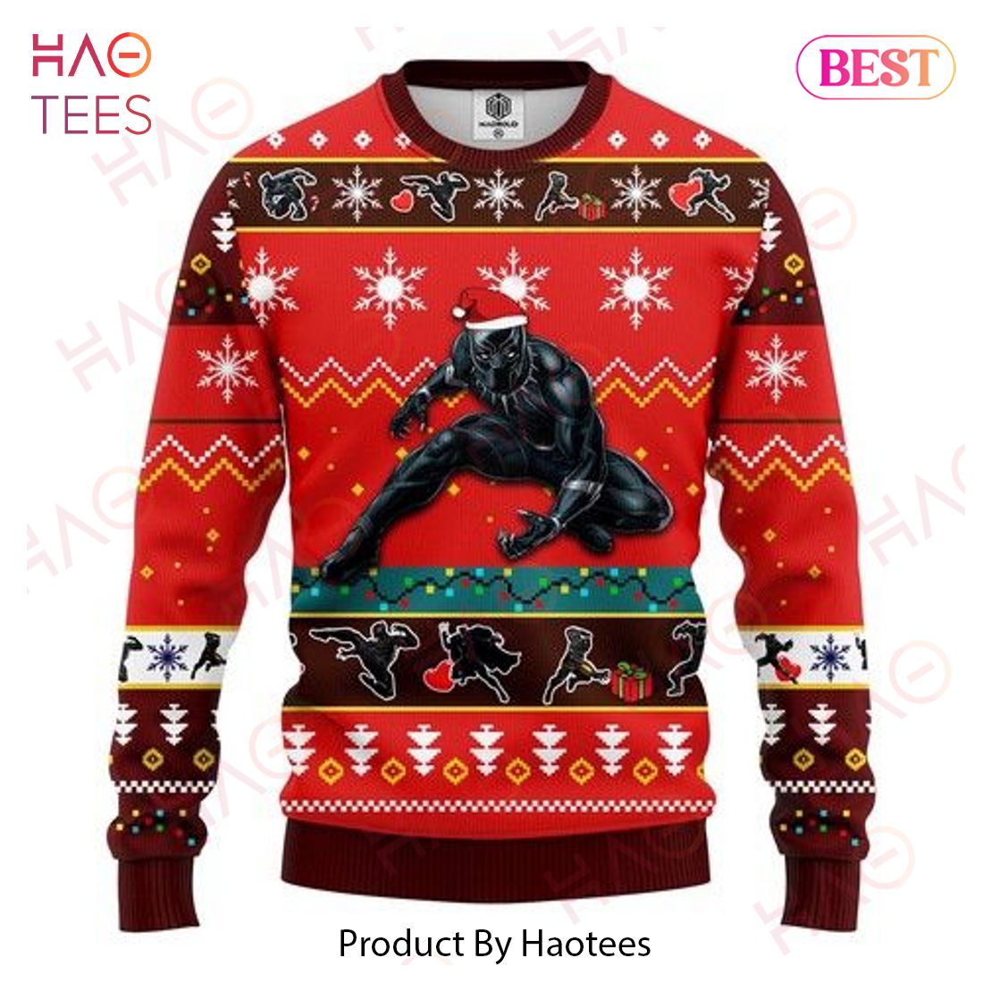 MV Christmas Ugly Sweater Black Panther Pose Christmas Pattern Red Sweater 2022