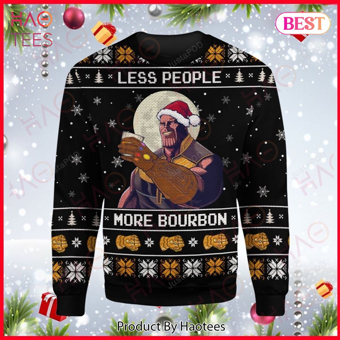 MV Christmas Ugly Sweater Thanos Less People More Bourbon Gauntlet Black Sweater 2022