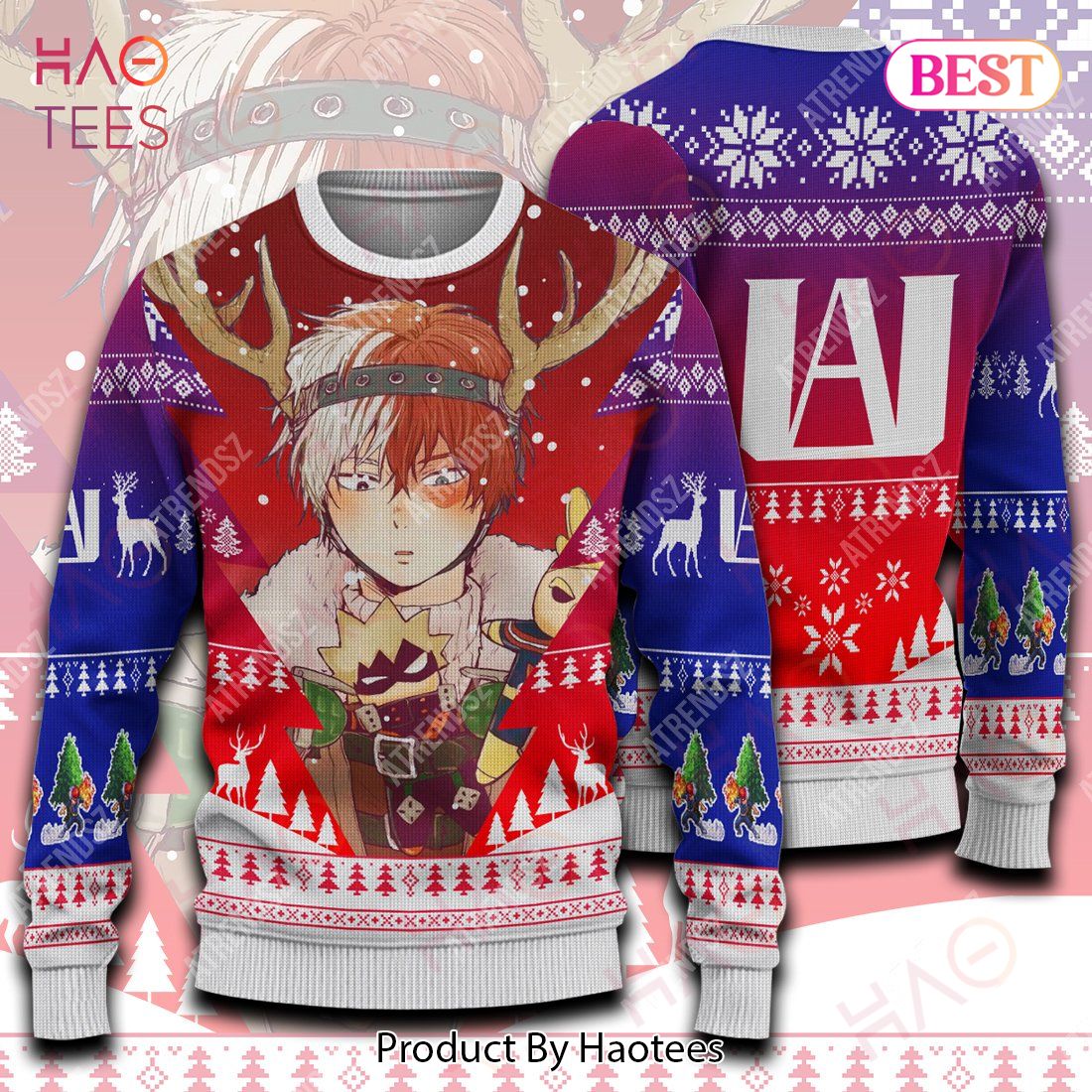 My Hero Academia Sweater Reindeer Todoroki Shouto Blue Red White Ugly Sweater 2022