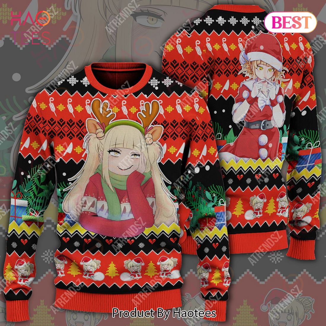 My Hero Academia Sweater Toga Himiko Christmas Pattern Red Ugly Sweater 2022