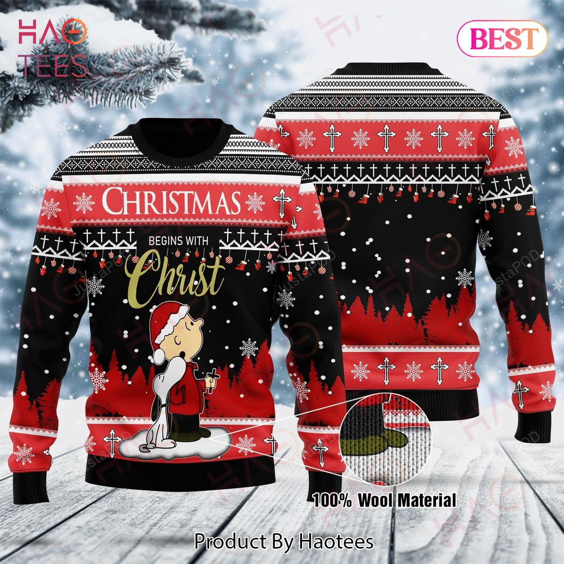 Snoopy Christmas Ugly Sweater Peanuts Snoopy And Charlie Christmas Begins With Christ Black Red Sweater 2022