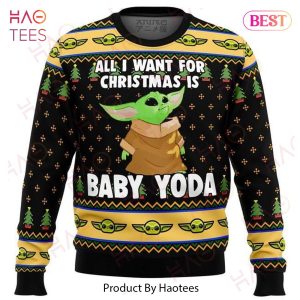 SW Christmas Sweater All I Want For Christmas Is Baby Yoda Black Green Yellow Ugly Sweater 2022