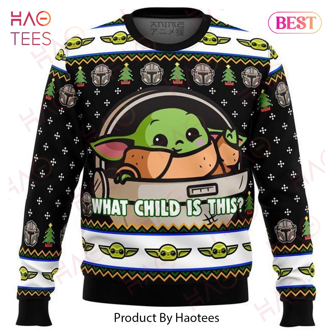 SW Christmas Sweater Grogu What Child Is This Green Black Ugly Sweater 2022