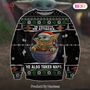 SW Christmas Ugly Sweater He Protects He Attacks He Also Takes Naps Grogu Christmas Black Sweater 2022