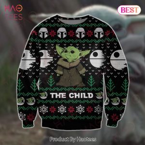 SW Christmas Ugly Sweater The Child Mando Helmet Death Star Pattern Christmas Black Sweater 2022