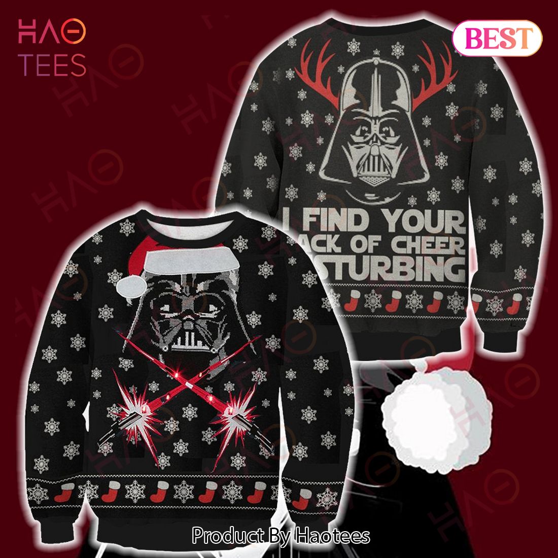 SW Ugly Sweater I Find you Lack Of Cheer Disturbing Sith Reindeer Black Sweater 2022