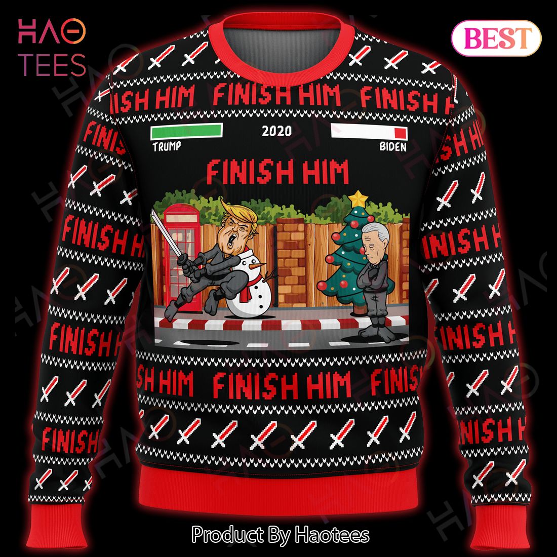 Trump Ugly Christmas Sweater Trump Finish Him Pattern Black Red Sweater 2022 Trump Ugly Christmas Sweater Trump Finish Him Pattern Black Red Sweater 2022