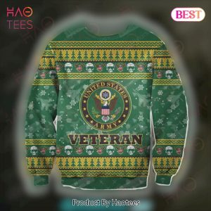 Veteran Sweater United States Army Seal Veteran Helmet Pattern Green Ugly Sweater 2022