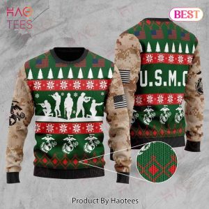 Veteran Sweater United States Marine Corps Camo Green Veteran Christmas Ugly Sweater 2022