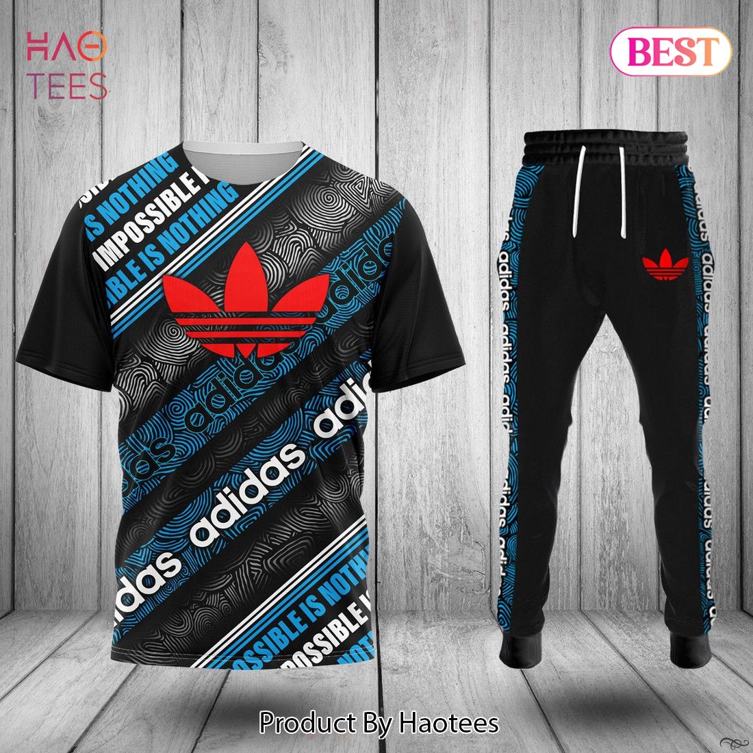 BEST Adidas Blue Black Mix Red Logo Luxury Brand T-Shirt And Pants Limited Edition