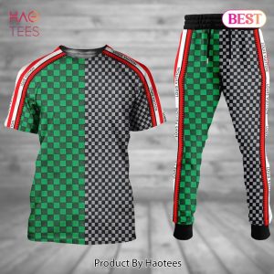 BEST Louis Vuitton Green Grey Mix Stripe Red Luxury Brand T-Shirt And Pants All Over Printed