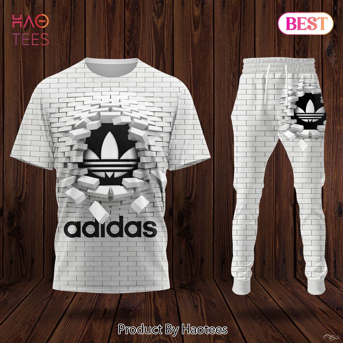 HOT Adidas Luxury Brand Full White Color Mix Black Logo T-Shirt And Pants POD Design