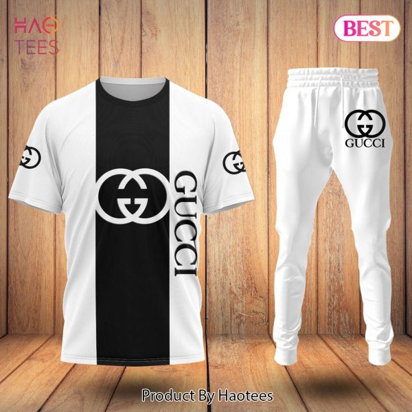 HOT Gucci Luxury Brand Basic Logo Black Mix White T-Shirt And Pants Limited Edition