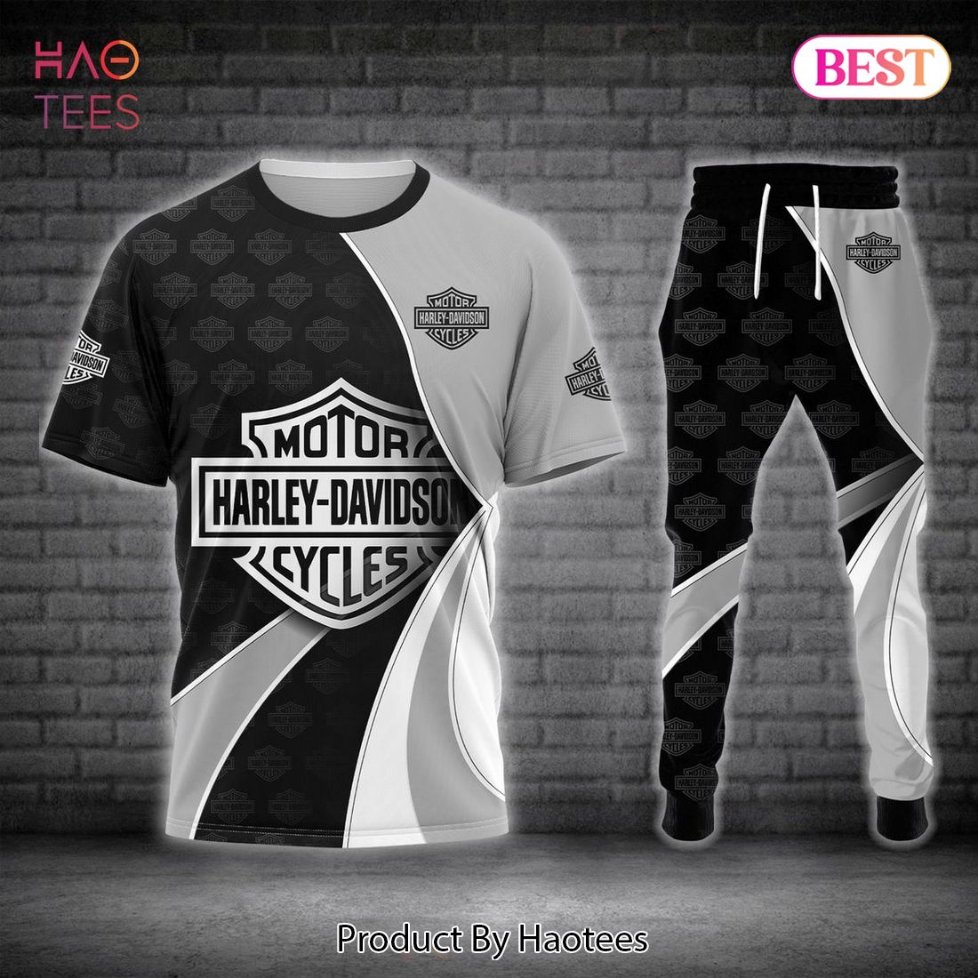 HOT Harley Davidson Luxury Brand Black Mix Grey T-Shirt And Pants POD Design