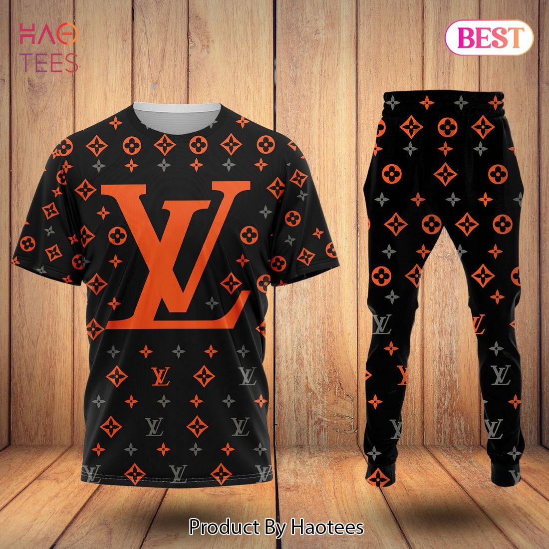 HOT Loouis Vuitton Luxury Brand Orange Mix Black T-Shirt And Pants Limited Edition