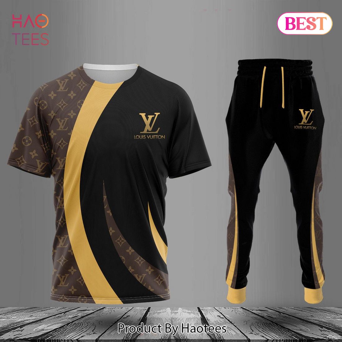 HOT Louis Vuitton Black Gold Brown Luxury Brand T-Shirt And Pants All Over Printed