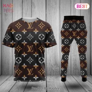 HOT Louis Vuitton Brown Mix Grey Luxury Brand T-Shirt And Pants Limited Edition