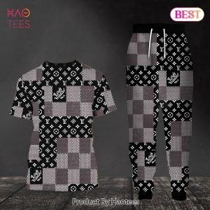 HOT Louis Vuitton Luxury Brand Square Pattern Black Grey T-Shirt And Pants Limited Edition