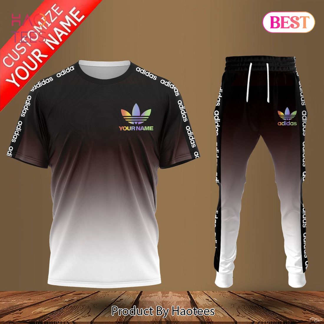 THE BEST Adidas Ombre Black White Luxury Brand T-Shirt And Pants All Over Printed