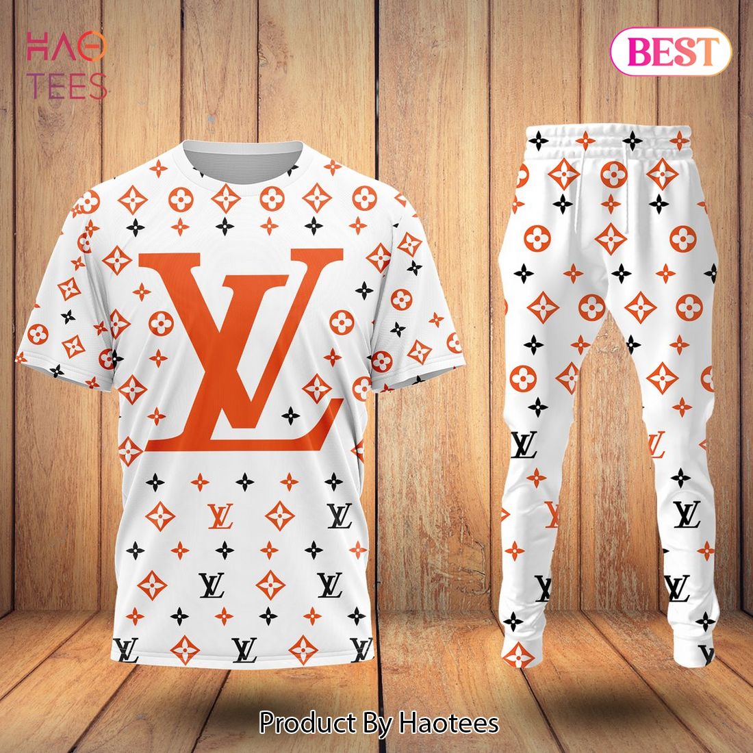 THE BEST Louis Vuitton Luxury Brand Orange Mix White T-Shirt And Pants All Over Printed