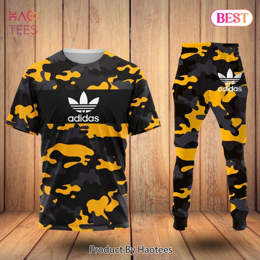 TRENDDING Adidas Army Camouflage Gold Black Luxury Brand T-Shirt And Pants All Over Printed