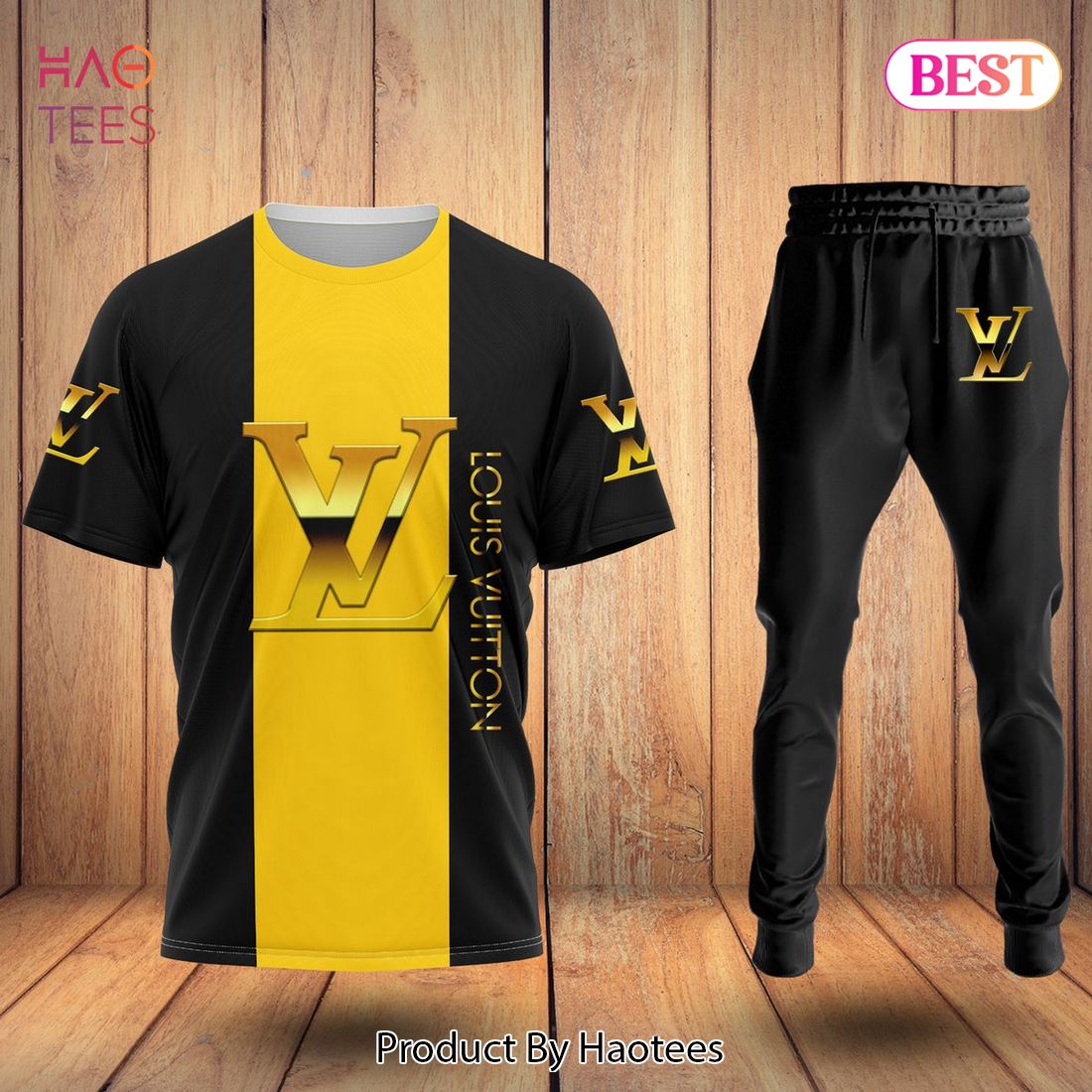 TRENDDING Louis Vuitton Gold Mix Black Luxury Brand T-Shirt And Pants All Over Printed