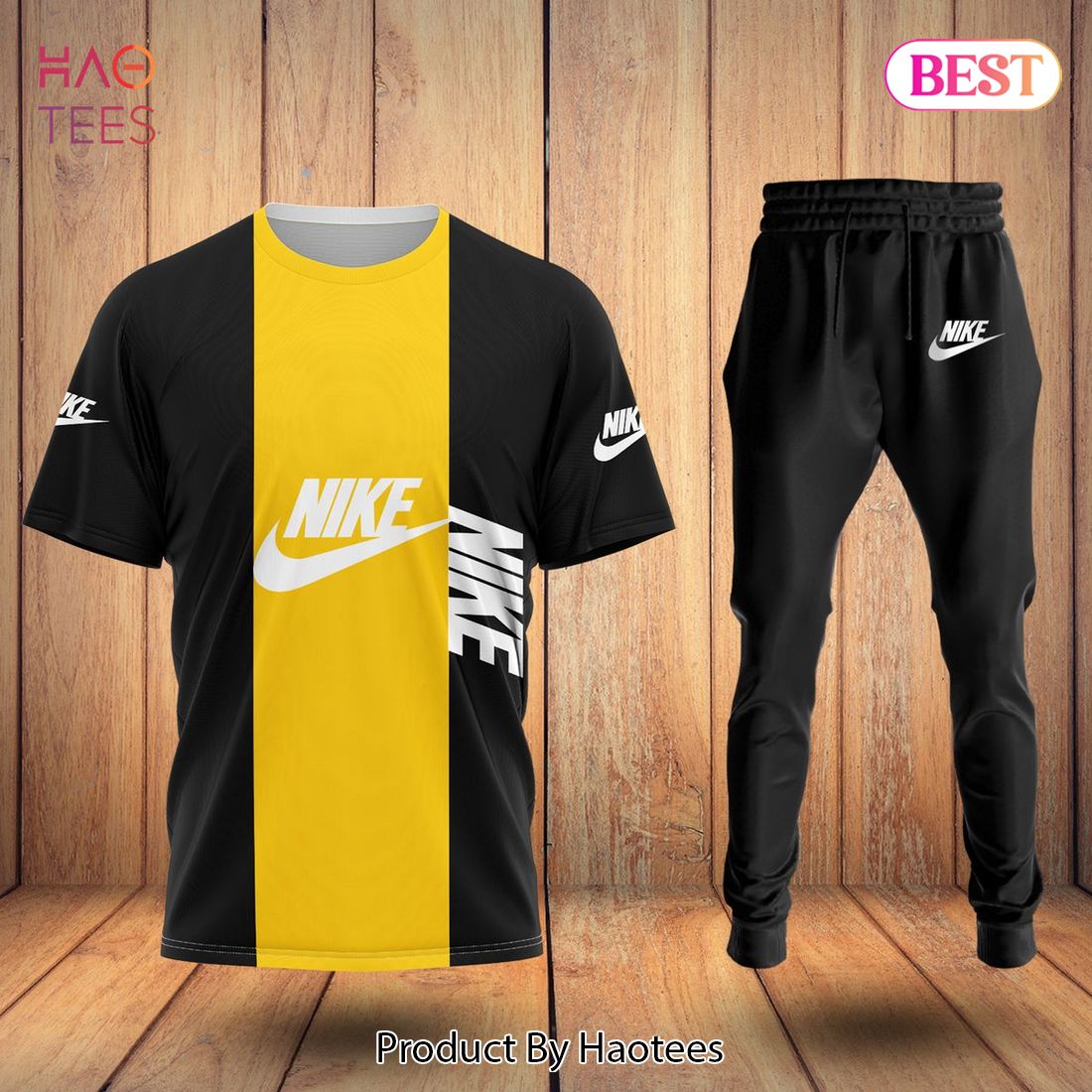 TRENDDING Nike Gold Mix Black Luxury Brand T-Shirt And Pants All Over Printed