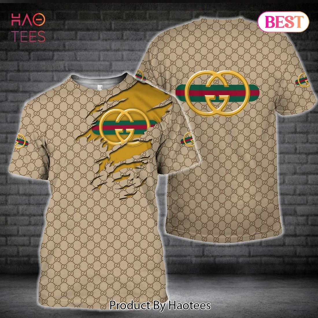 Gucci Gold Logo Full Printing 3D T-Shirt Limited Edition