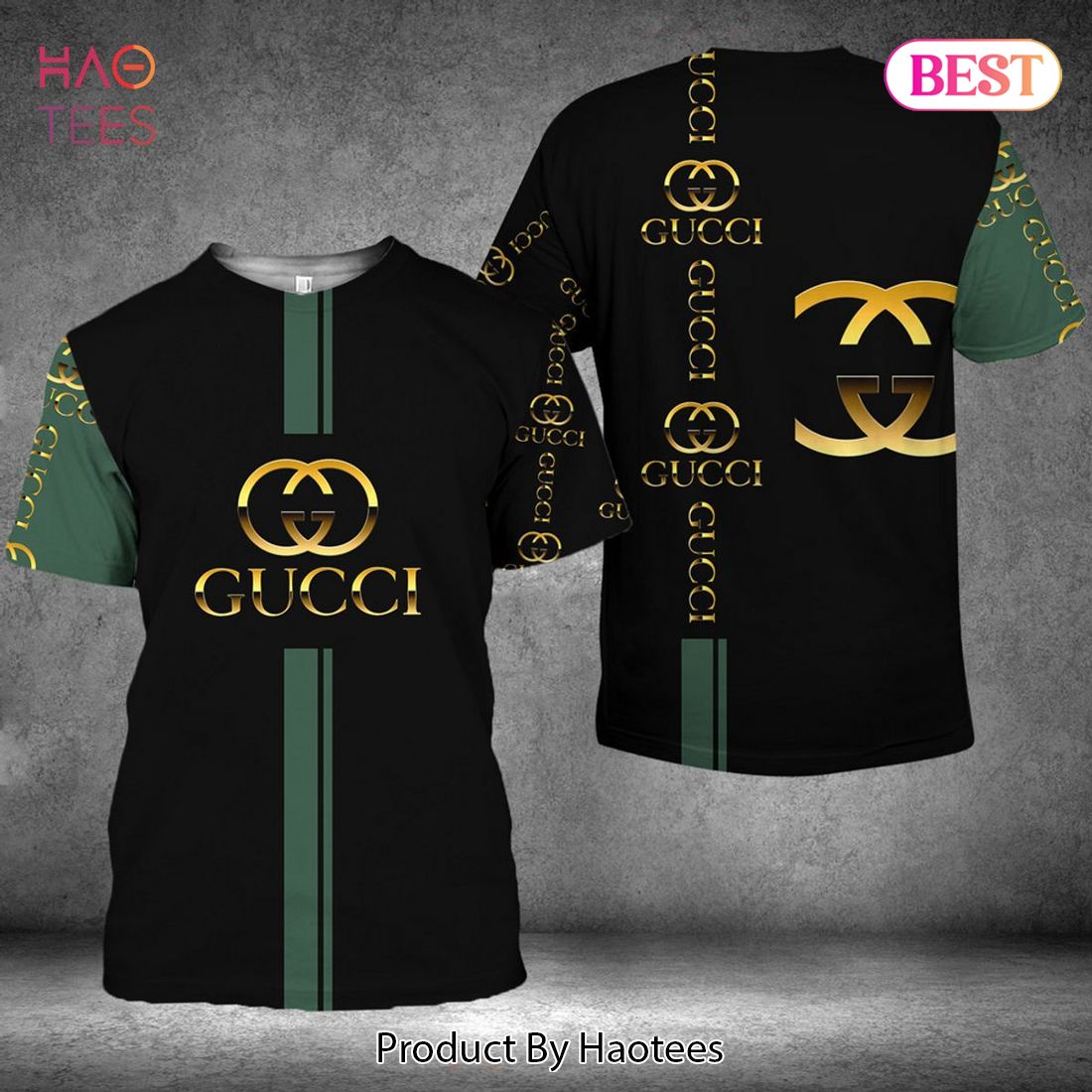 HOT Gucci Luxury Brand Gold Logo Black Green 3D T-Shirt