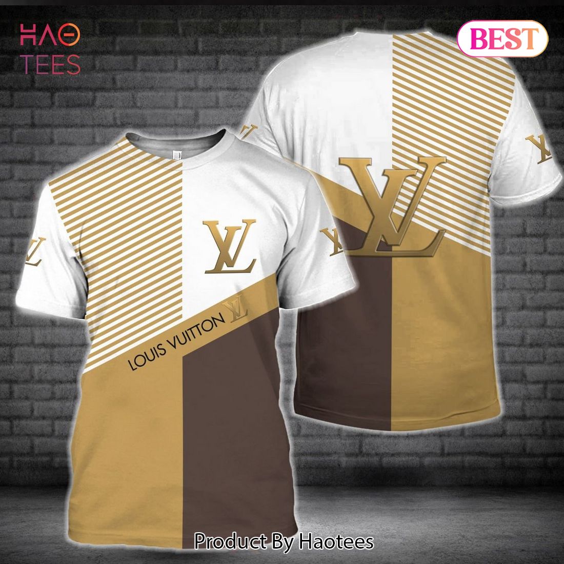 Louis Vuitton Luxury Brand Gold Mix Color 3D T-Shirt Stripe Pattern