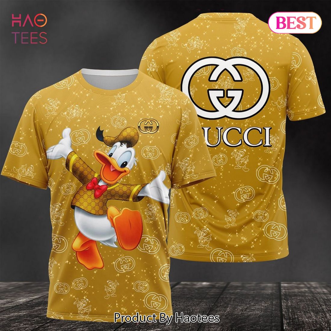 NEW Gucci Donald Duck Luxury Brand Gold Color 3D T-Shirt Limited Edition