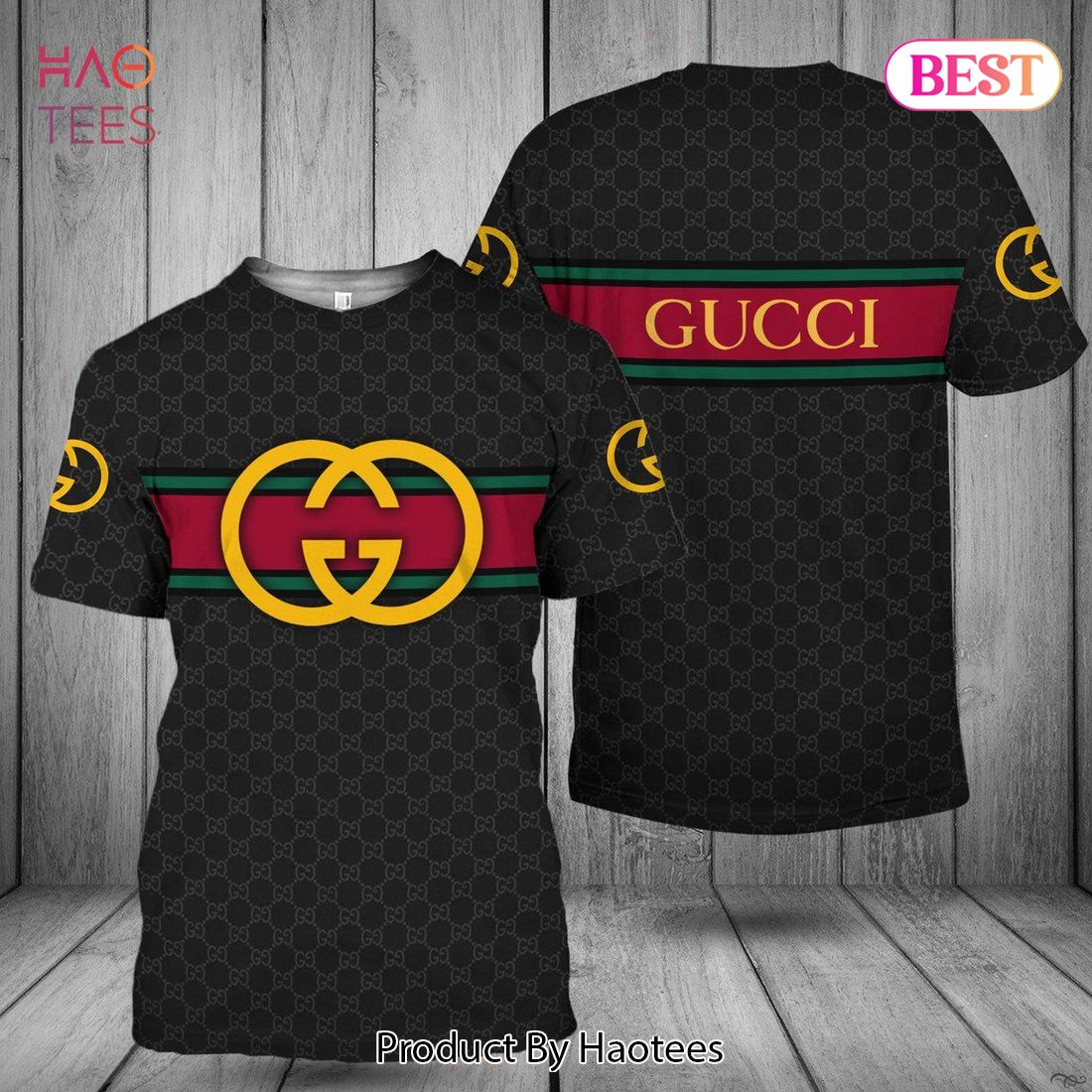 TRENDDING Gucci Gold Logo Full Black Printing 3D T-Shirt Limited Edition