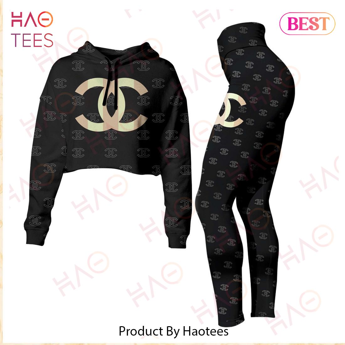 Chanel Black Mix Logo Crop Hoodie And Legging Limited Edition