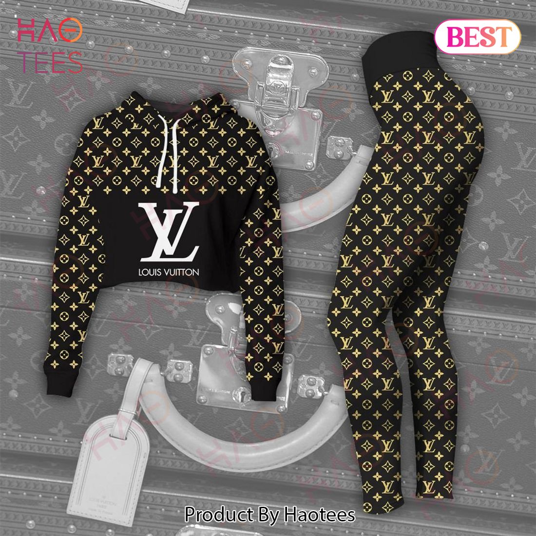 Louis Vuitton Black Mix Gold Logo Crop Hoodie And Legging Limited Edition