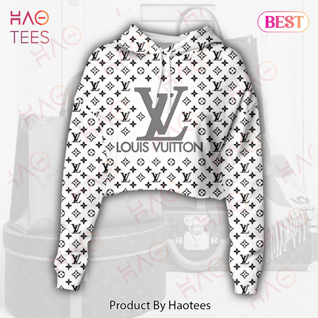 Louis Vuitton White Mix Black Logo Crop Hoodie And Legging Limited