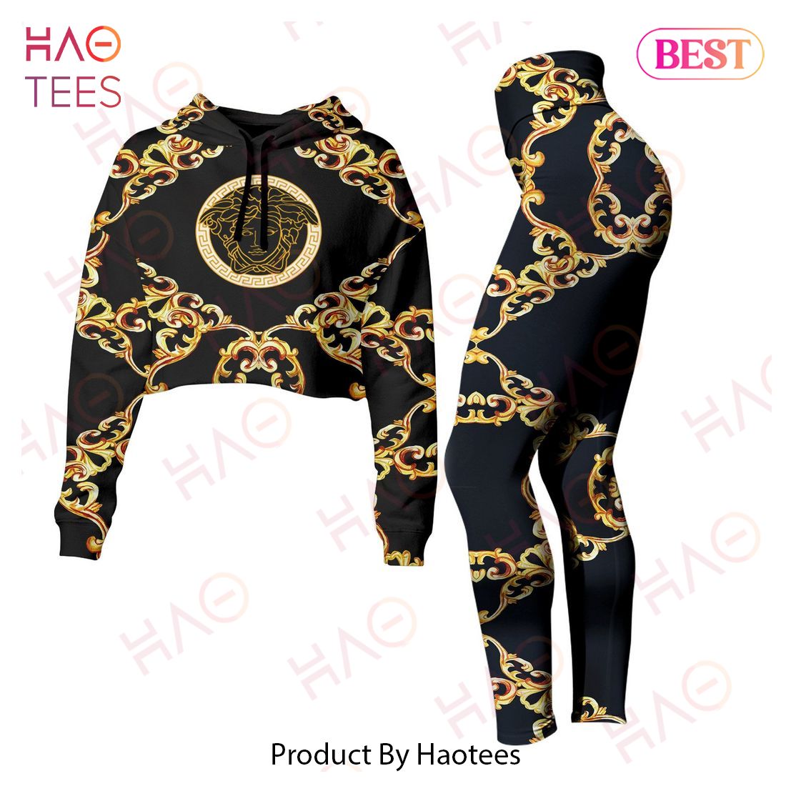 Versace Black Mix Gold Crop Hoodie vs Legging Limited Edition