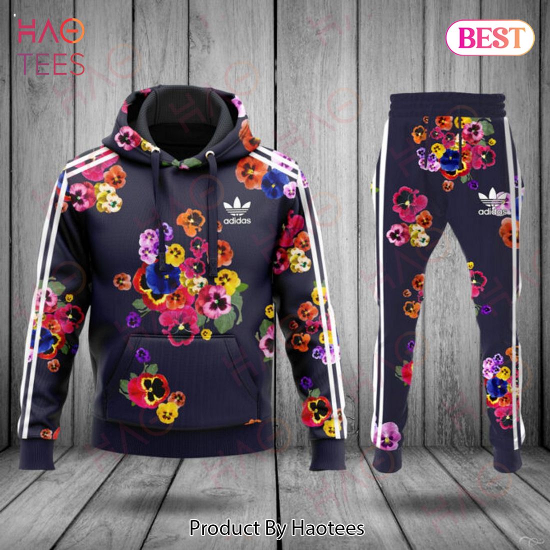 Adidas Black Mix Flower Hoodie And Pants POD Design Luxury Store