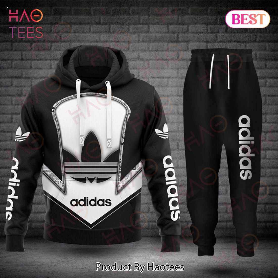 Adidas Black Mix Logo Luxury Brand Hoodie And Pants Limited Edition