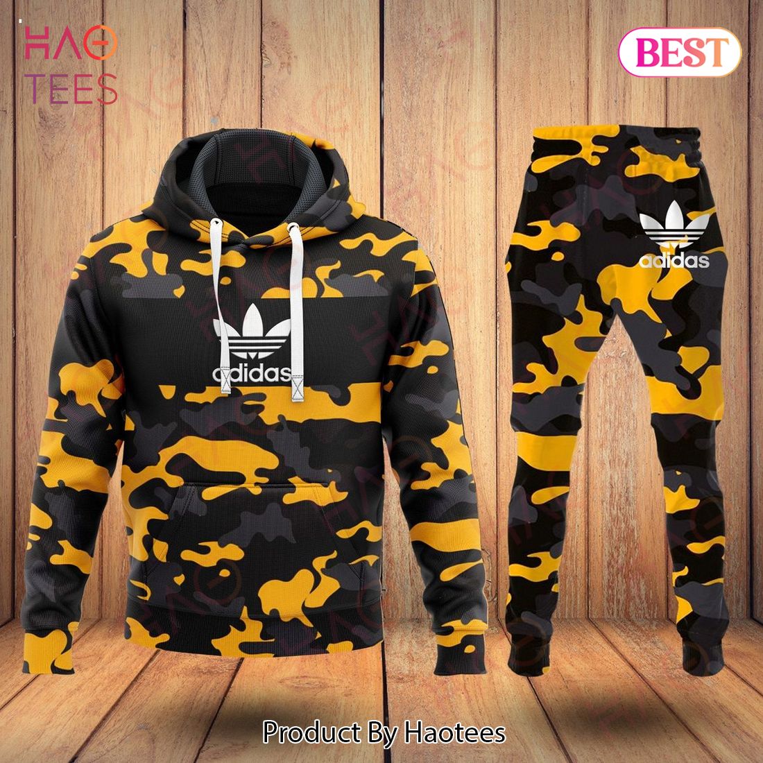 Adidas Camouflage Black Mix Gold Luxury Brand Hoodie And Pants POD Design