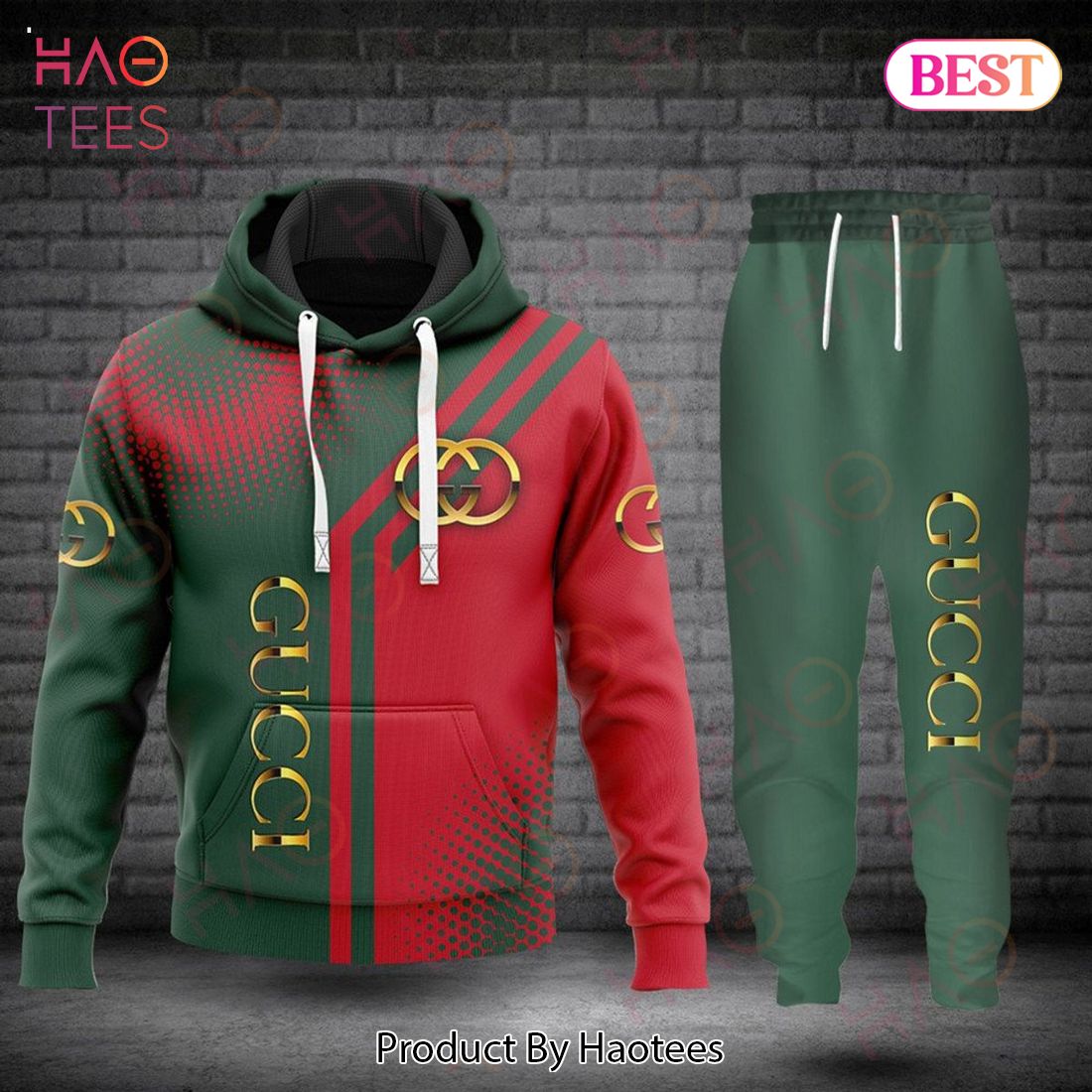Gucci Red Mix Green Luxury Brand Hoodie And Pants POD Design