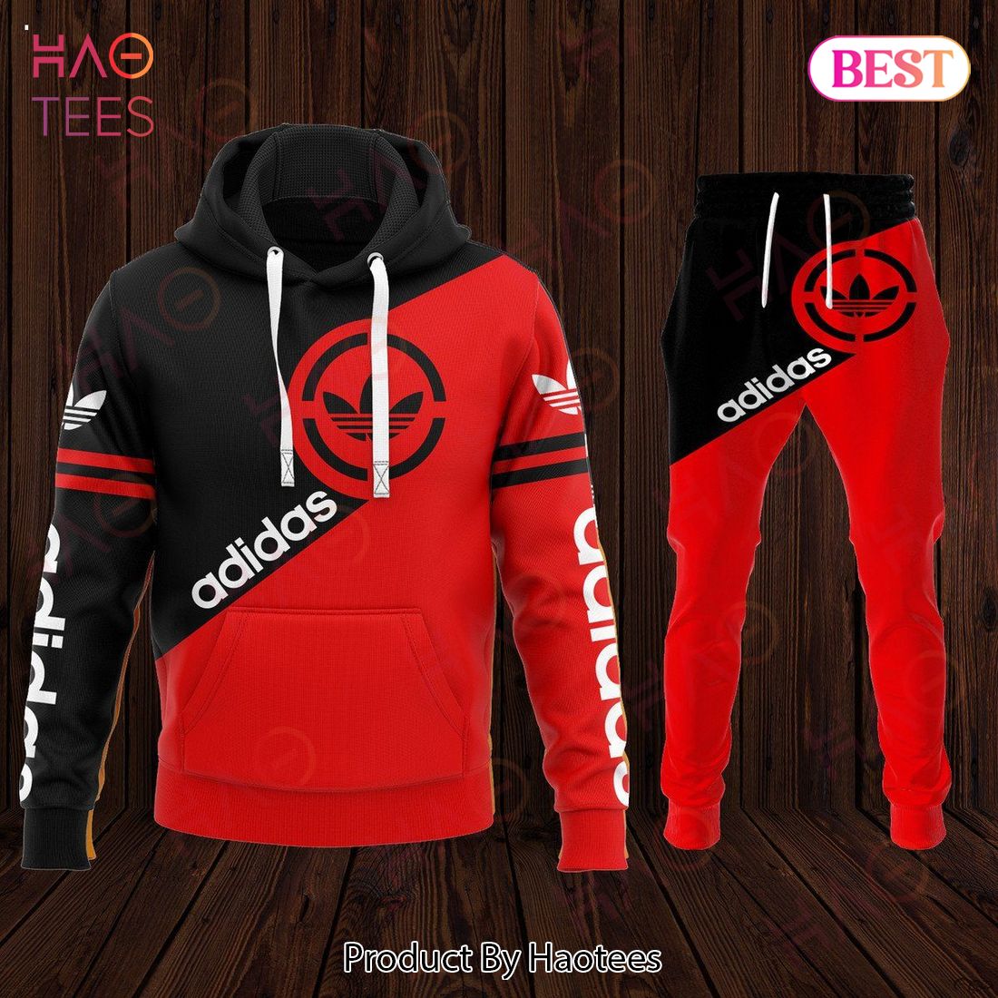 HOT Adidas Black Mix Red Luxury Brand Hoodie And Pants POD Design