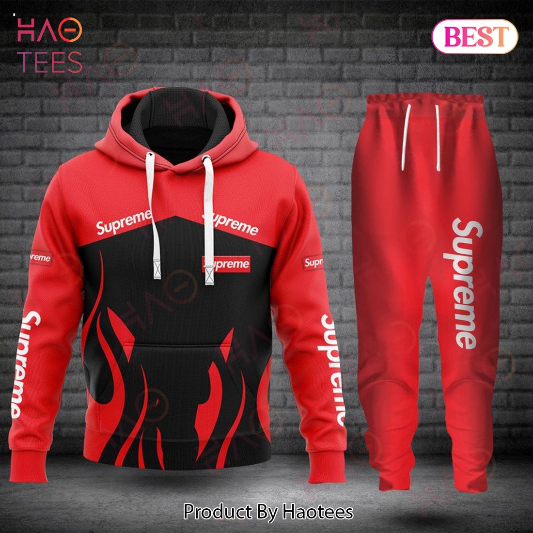 HOT Supreme Red Mix Black Luxury Brand Hoodie And Pants POD Design
