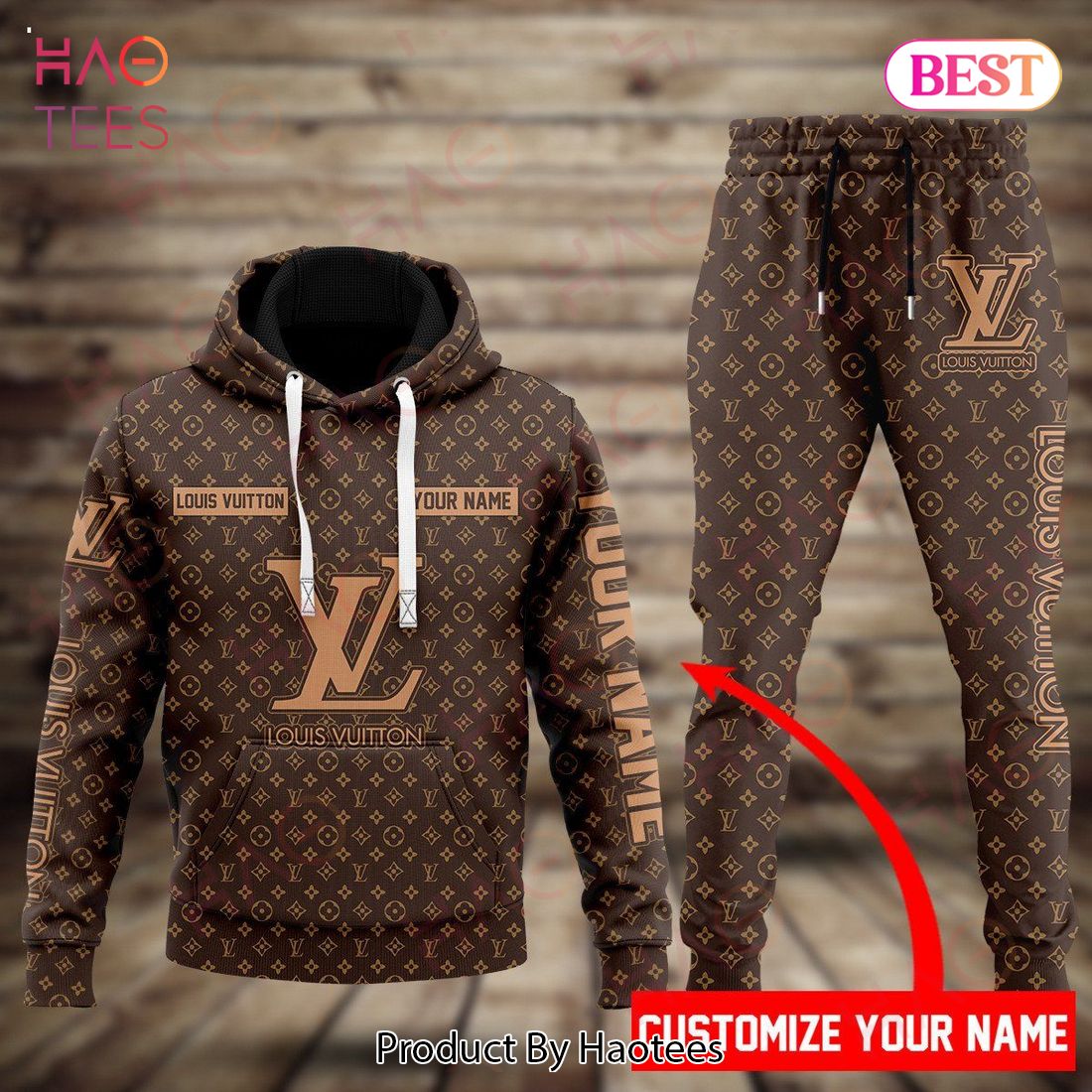 Louis Vuitton Brown Mix Printing Logo Luxury Brand Hoodie And Pants POD Design