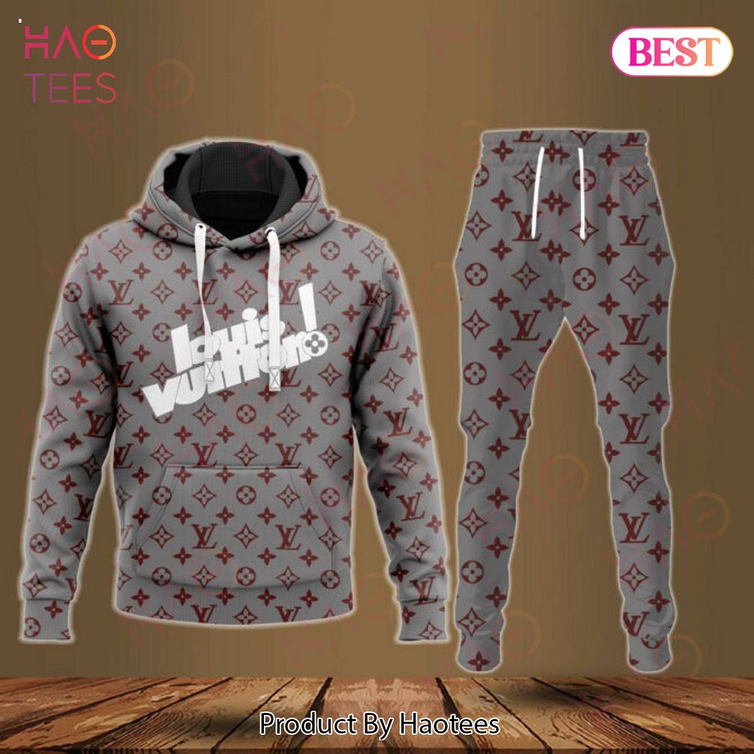 Louis Vuitton Grey Mix Red Logo Luxury Brand Hoodie And Pants POD Design Luxury Store