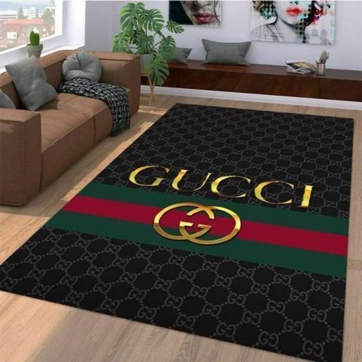 Gucci Black Mix Gold Logo Luxury Brand Carpet Rug Limited Edition Luxury Store