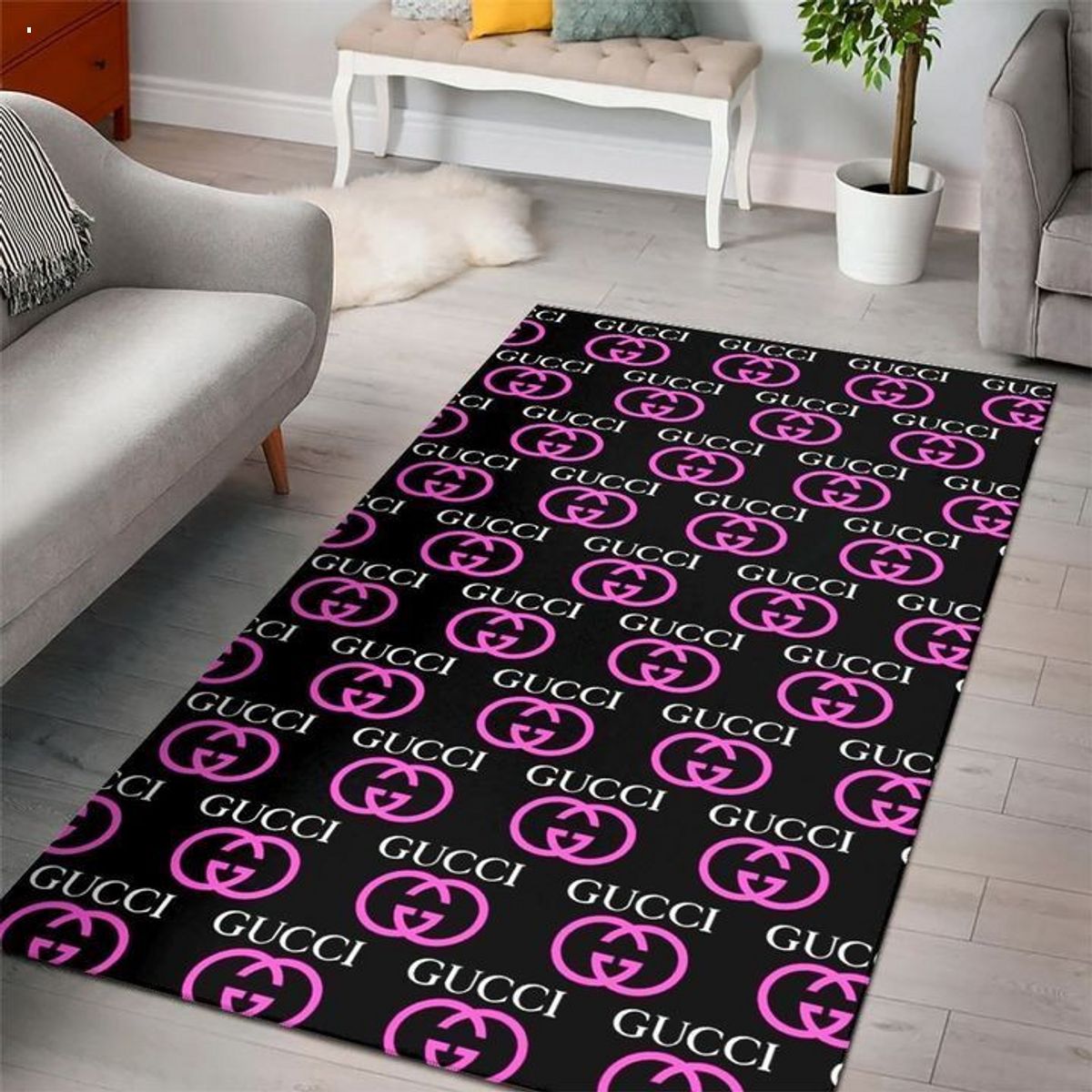 Gucci Black Mix Pink  For Living Room Bedroom Luxury Brand Carpet Rug Limited Edition